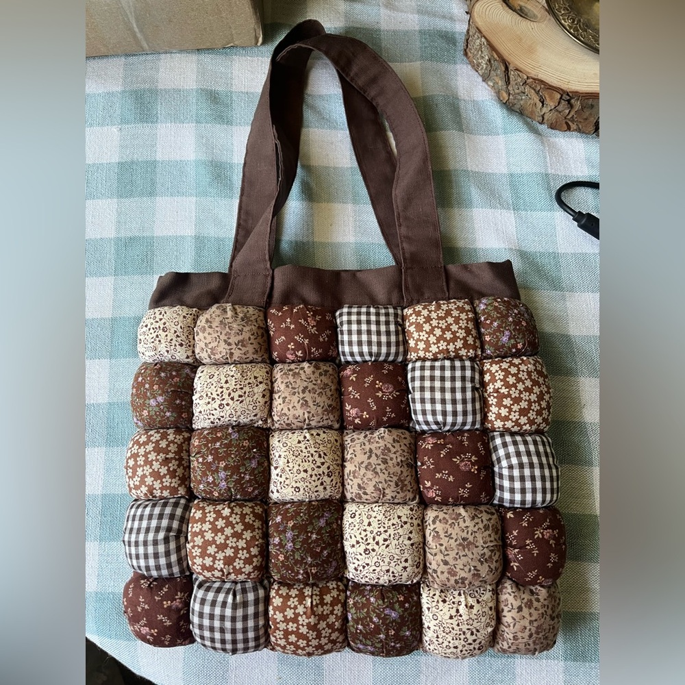 Vintage 70s handmade Brown Patchwork Quilted shoulder Bag